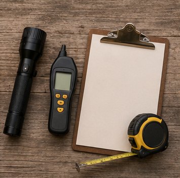 Home inspector's tools — flashlight, moisture meter, tape measure, and clipboard laid out for a Bakersfield home inspection with Anchor Pillar Inspection