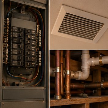 Home electrical panel, HVAC vent, and copper plumbing — the major systems covered in an Anchor Pillar home inspection in Bakersfield
