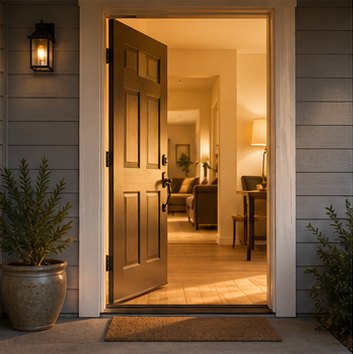 Open front door with warm light inside — the on-site walk-through step of an Anchor Pillar home inspection in Bakersfield