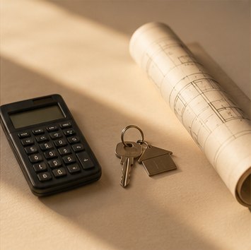 Calculator, house keys, and a rolled blueprint on a desk — up-front, honest home inspection pricing in Bakersfield and Kern County