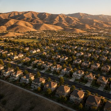 Aerial view of a Bakersfield residential neighborhood ringed by the golden Kern County foothills — the Anchor Pillar Inspection service area